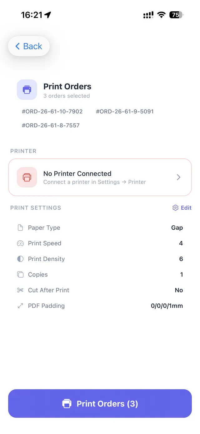 Print orders screen