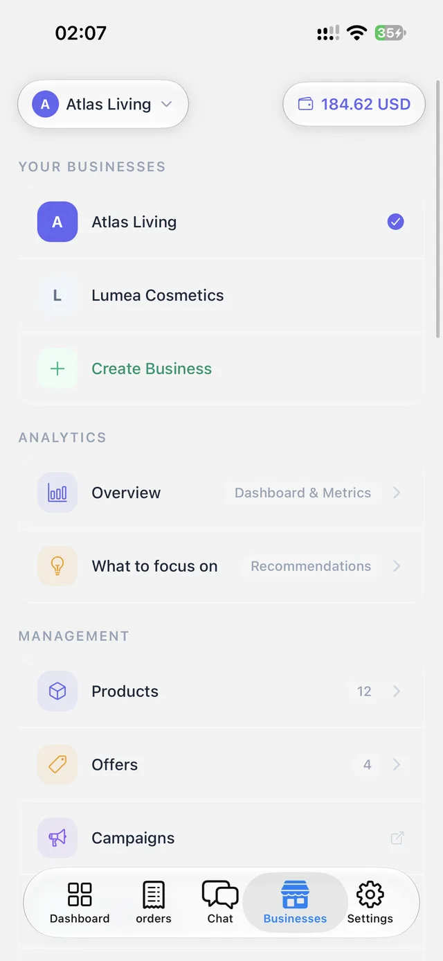 Business menu for switching stores and opening products, offers, and agent settings