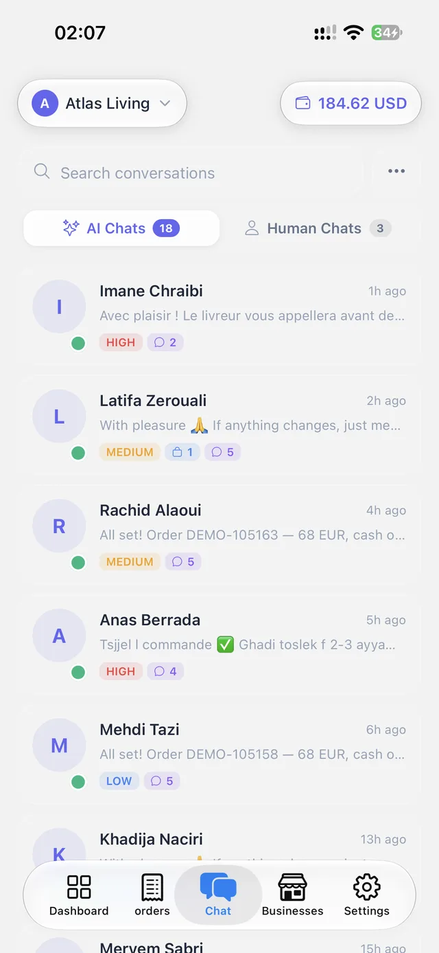 Unified inbox separating AI-handled chats from ones a human took over
