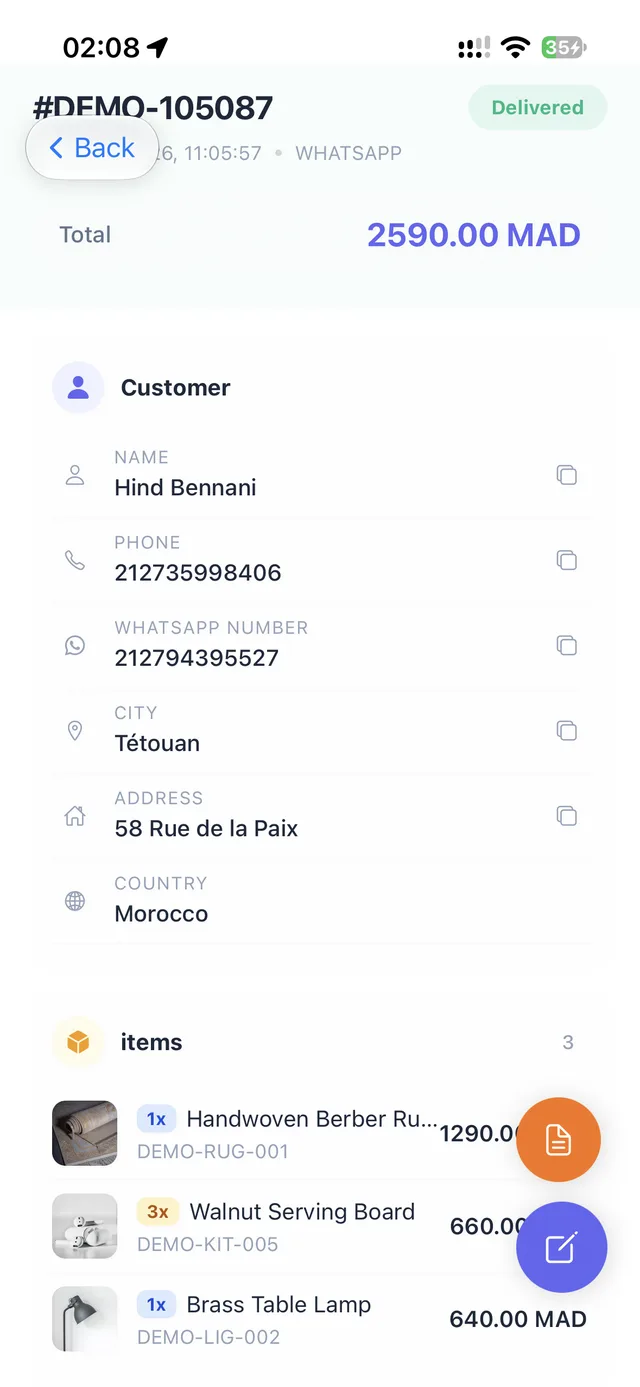 COD order detail with customer address, items, and delivery status