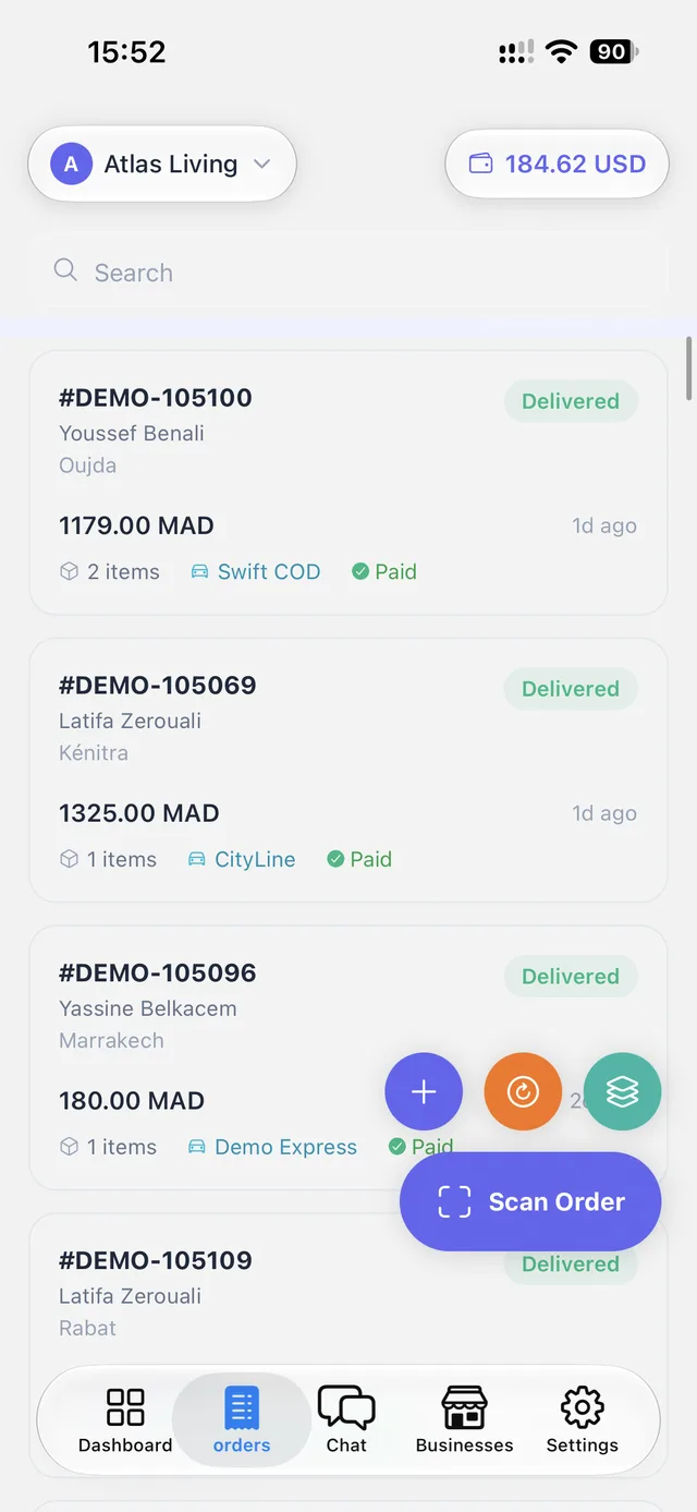 COD orders list showing delivery status, carrier, and payment state